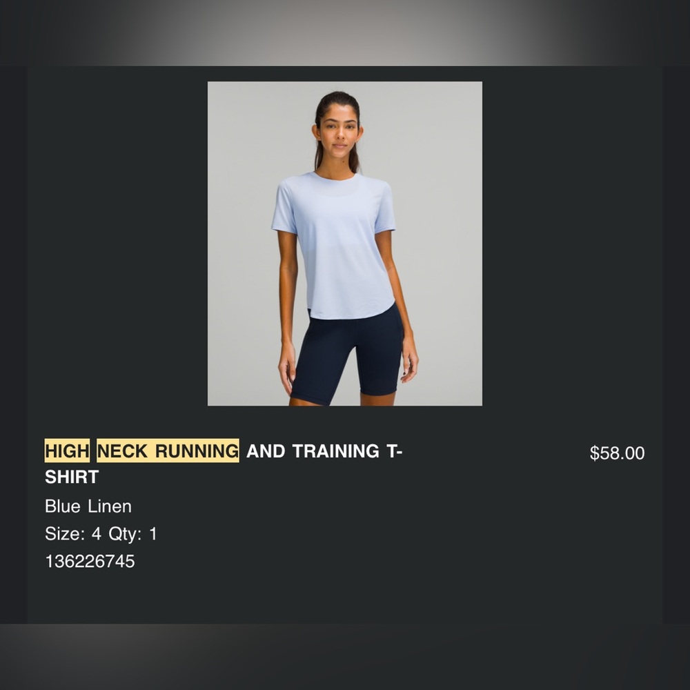 Lululemon high neck run and train t-shirt size 4
